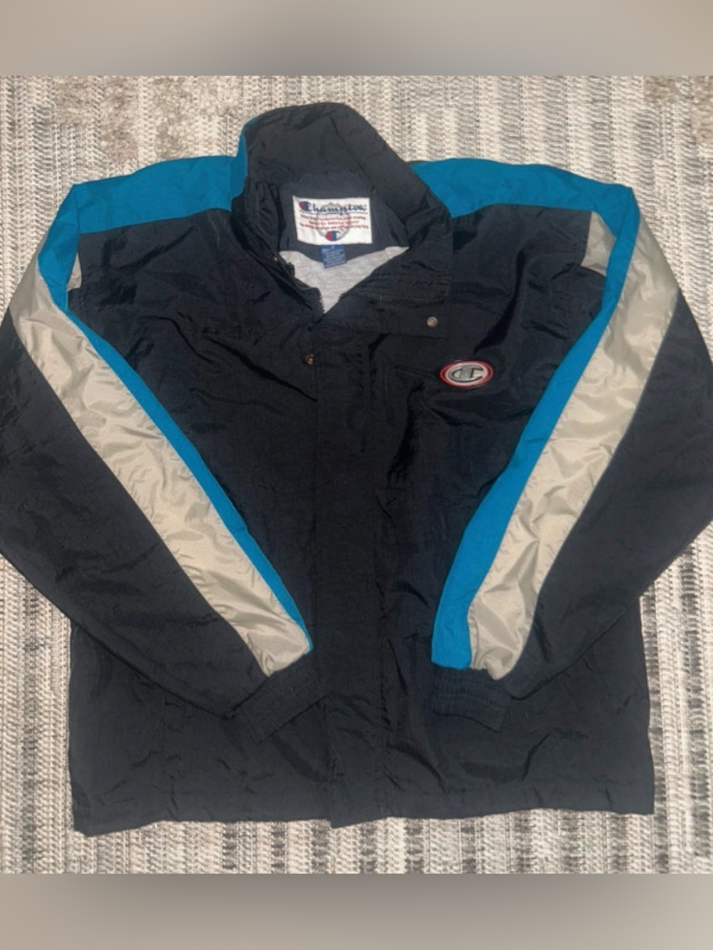 Mens Vintage Champion Rain Jacket Blue Gray Size Medium Windbreaker Zip Up